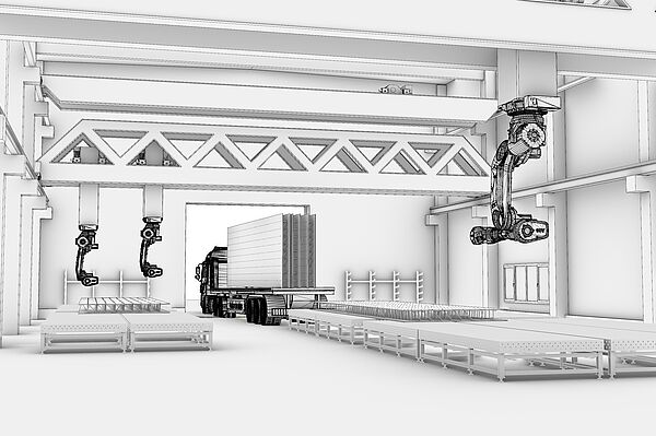Eine schwatz-weiß-Grafik zeigt eine Halle mit Kranbahn, Industrieroboter und Laufband.