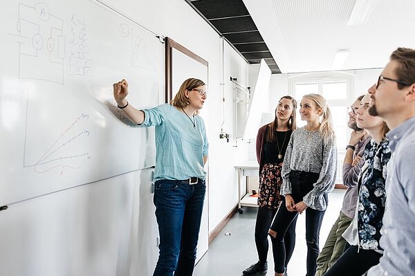 Messtechnik Eine Frau erklärt Studierenden eine Konstruktionszeichnung am Whiteboard.