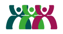 Das Logo des Digital Fellowships des Bildungsportal Sachsens. Es besteht aus drei stilisierten Figuren, die nebeneinander versetzt stehen. Die rechte ist magentafarben, die mittlere hellgrün und die linke ist dunkelgrün.